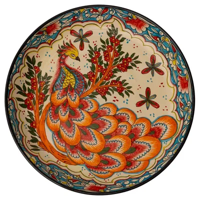 Produktbild von Lagan Rishtan Servierteller Keramikteller groß Ø 37 cm Kusch-Feuervogel - Usbekische Servierplatte mit handbemaltem Design