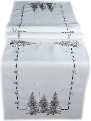 Produktbild von Tischwäsche Tischläufer Stickerei Tannenbäume Winter Weihnachten Deko 40 x 140 cm - weiß