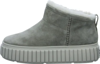 A side view of a gray suede boot with white faux fur lining and a thick platform sole.