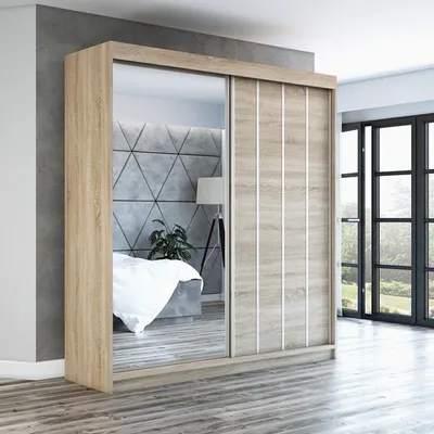 Produktbild von Schwebetürenschrank, 2-türig Schrank mit Spiegel! Moderne Garderobe für Kleidung. Verschiedene Farben (Weiß, Schwarz, Somona) Kleiderschrank VIGO 180 cm
