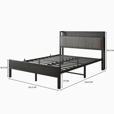 A bed frame with dimensions indicated by measurement lines and text.