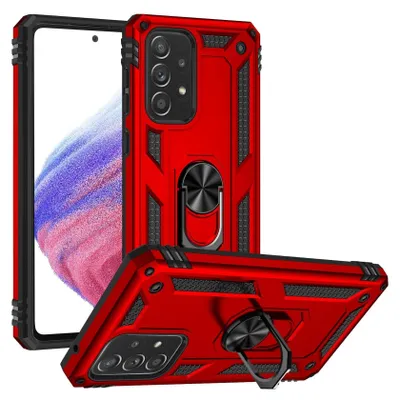 A red phone case with a ring holder is shown from two angles against a white background.