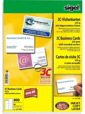 Produktbild von SIGEL LP799 Visitenkarten, 3C, glatter Schnitt rundum, mit abgerundeten Ecken, 225 g/m², hochweiß, 400 Stück