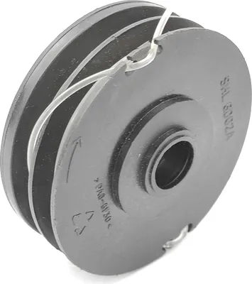 A black plastic spool with clear trimmer line wound around it, shown against a white background.