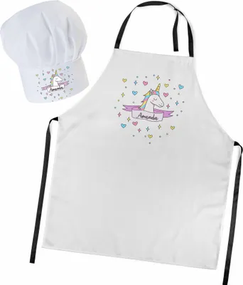 Produktbild von Personalisierte Kochmütze + Kochschürze Set 2tlg. Für Kinder, Jungen und Mädchen, Weiß, Schürze mit Ihrem Namen, Einhorn Stern [099]