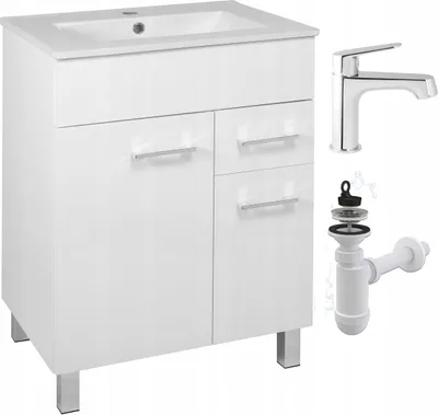 Produktbild von Stamar Badmöbel Komplett-Set Weiß Hochglanz 60 cm mit Keramik-Waschbecken und Hocharmatur Chrom