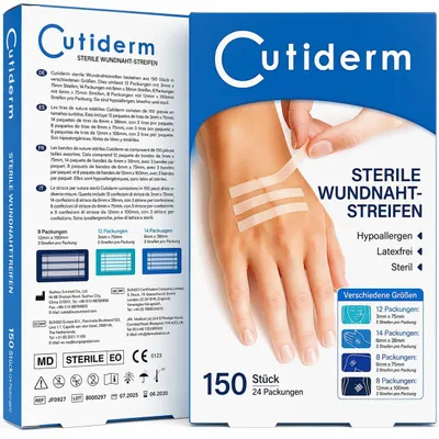 Immagine prodotto di Cutiderm Strisce per sutura della ferita / cerotti a farfalla / strisce di chiusura per ferite, sterili, 4 misure, 150 pezzi