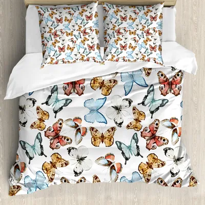 Produktbild von ABAKUHAUS Schmetterling Bettbezug Set, Verschiedener Bunte Schmetterlings Aquarell Art Natur Böhmischer Druck, 155 x 220 cm + 80 x 80 cm, Mehrfarbig