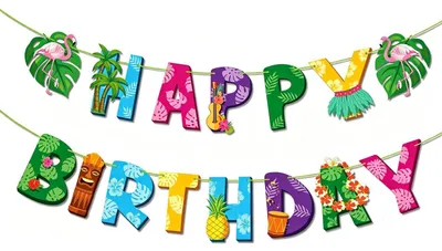 Productafbeelding van Verjaardagsgirlande, Hawaï, "Happy Birthday" decoratie, vlaggenbanner, tropisch, flamingo, zomer, strandfeest