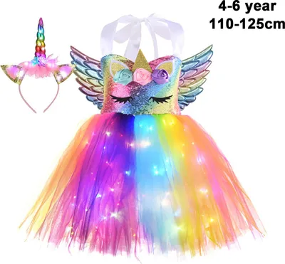 Produktbild von Einhorn-Kostüm für Mädchen - 6T (110-125cm), LED-Licht & Flügel - Für Geburtstag, Karneval & Mottoparty