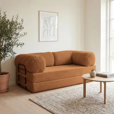 Produktbild von Idohome - Sofa MUNO, Cordsofa ausziehbar 200x100x86 cm mit Schlaffunktion, 2 Matratzen, Metallgestell - Farbe: Orange Poso 40