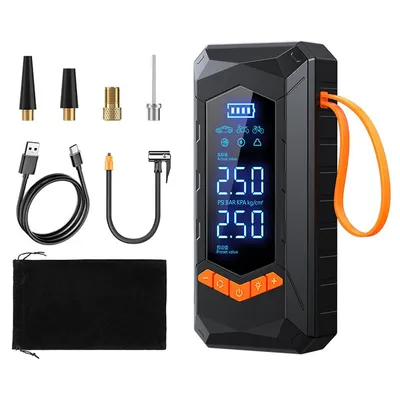 A portable air compressor with various accessories and a digital display.