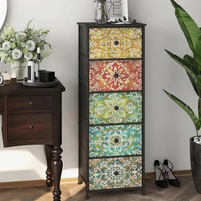 Obrázek produktu pro Úzká komoda z látky se 5 zásuvkami v bohémském stylu, šířka 42 cm