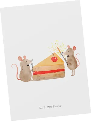 Produktbild von Mr. & Mrs. Panda Postkarte Mäuse Kuchen - Weiß - Geschenk, Kuchenliebe, Postkarten, bildkarte, Torte, Ansichtskarte, Grußkarte, Happy Birthday, Glück, Geburtstag, Hungrig