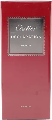Hochformatige Box von Cartier Déclaration Parfum in tiefem Rot mit silberner Umrandung und dezentem Logoaufdruck in weißer Serifenschrift.