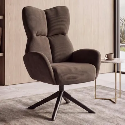 Obrázok produktu pre Lounge kreslo HWC-Q54, koktailové/čalúnené/relaxačné kreslo, otočné, kovové, kord (320 g/m²) ~ tmavohnedé