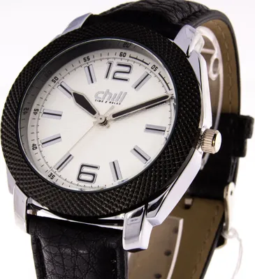 Produktbild von Herrenuhr CH1545, 45mm Durchmesser, 5ATM wasserdicht, silberfarben, schwarzes Lederarmband