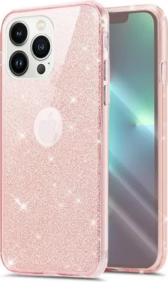 A rose gold glitter iPhone 13 mini case is shown from the back and side.