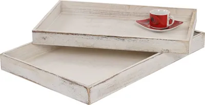 Produktbild von 2er Set Schale H285, Serviertablett Frühstückstablett Holztablett Dekotablett, Shabby-Look Vintage  weiß