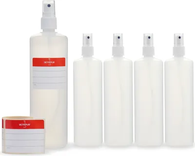 Produktbild von 5 Plastikflaschen 250 ml aus HDPE, natur, G18, Fingerzerstäuber aus PP, weiß, klare Überkappe