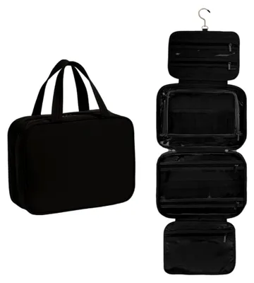 Produktbild von Kulturtasche Damen wasserdichte Kosmetiktasche mit 360° Haken, Faltbare Toilettentasche Organizer für Makeup & Toilettenartikel, Kulturtasche Schwarz 30×22×12 cm
