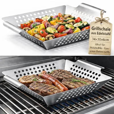 Produktbild von Grillschale Edelstahl 34x30x6 cm – Grillkorb für Gemüse & Fleisch – BBQ Grillzubehör für Gas-, Holzkohle- und Elektrogrills