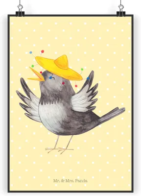 Produktbild von Mr. & Mrs. Panda Bild Rabe Sombrero DIN A3 - Gelb Pastell - Geschenk, Vögel, Wanddekoration, drucke, wanddeko, Vogel, Plakat, Spruch Positiv, Lustige Sprüche, Elster