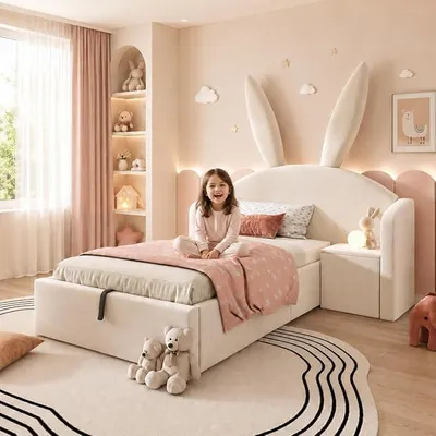 Productafbeelding van Bed met zachte bekleding, 90x190 cm, kinderbed met konijnenoren, opbergruimte en nachtkastje