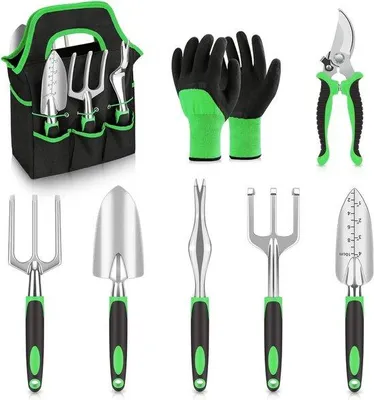 Produktbild von 8-teilige Gartengeräte-Satz - Gartengeräte-Satz - Kombisystem - Gartengeräte - Grasbesen - Magnesium-Aluminium-Legierung - grün