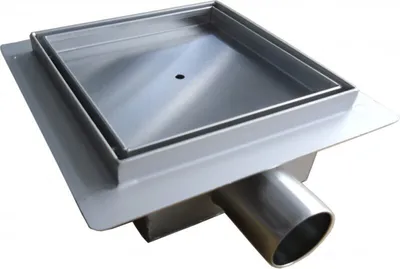 A stainless steel shower drain with a square grate and a side outlet.