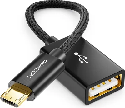 Produktbild von deleyCON 0,1m USB 2.0 OTG Adapter Kabel Nylon + Metallstecker - Micro USB auf USB A Buchse Datenkabel Smartphone & Tablet verbinden mit USB Stick - Schwarz