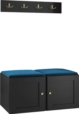 Produktbild von MIRJAN24 Garderoben-Set Orion Ramiro VI, Schuhschrank, Kleiderhakenbrett, 2x Sitzpaneel 42x42, Metallgriffe, 4 Kleiderhaken (Farbe: Schwarz, Manila 26)