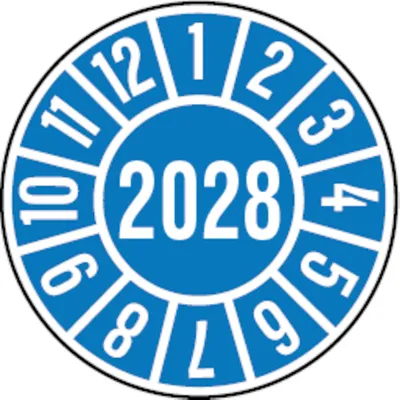 Produktbild von Dreifke® Jahresprüfplakette blau/weiß 2028 - 35 mm Folie selbstklebend, 10 St