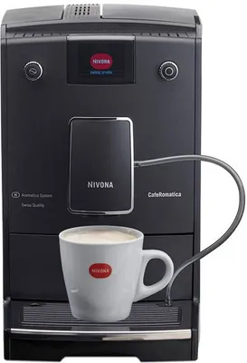 A black Nivona CafeRomatica espresso machine with a cup of coffee in front of it.