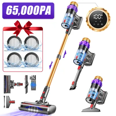 A cordless vacuum cleaner with various attachments and spare filters, presented in a collage format with overlaid text indicating suction power.