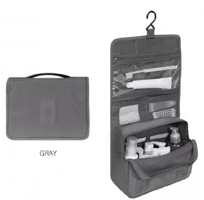 Image de Trousse de toilette grise avec crochets (42 × 24 × 8 cm), trousse de toilette pour femme, trousse de toilette unie, trousse de voyage avec crochets, trousse de toilette imperméable