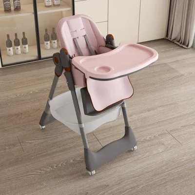 Image de Chaise haute réglable pour bébé (0 à 6 ans) avec ceinture de sécurité, roulettes et facile à nettoyer, rose