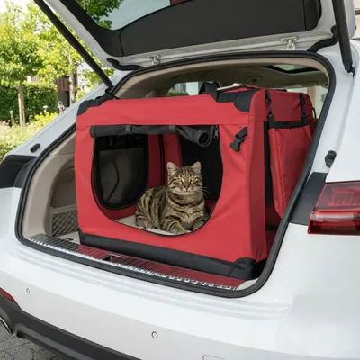 Produktbild von belviona Katzentransportbox, leichte & stabile Transporttasche Katzen, faltbar mit Mesh-Fenstern, Innenkissen & Taschen, 82x58x58 cm, weinrot