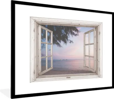 Produktbild von MuchoWow® Gerahmtes Poster Aussicht - Strand - Palme 80x60 cm - Poster mit Schwarzem Bilderrahmen Wandposter Rahmen Foto Bilder - Schlafzimmer-Dekorationen - Fotoposter