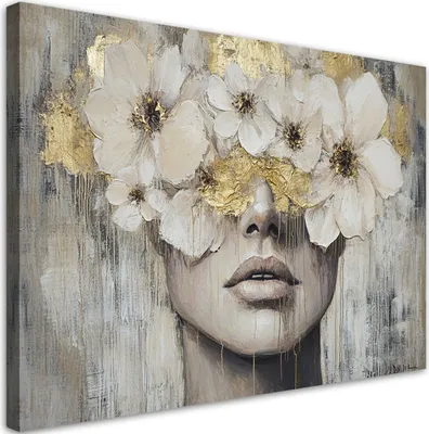 Produktbild von Leinwandbild Frau mit Blumen Gold Beige 90x60 Feeby Grau bild für die wand bereit zum aufhängen