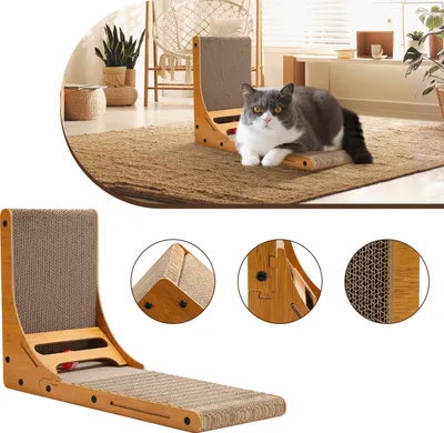 Produktbild von Bettizia Katzen Kratzbrett L förmig Kratzpappe mit Spielbällen 62,3cm Hoch Braun