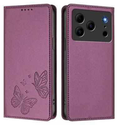 Image de Étui en cuir pour Doogee Note 56 / Note 56 Pro, étui de protection type portefeuille en cuir gaufré motif papillon avec support, violet