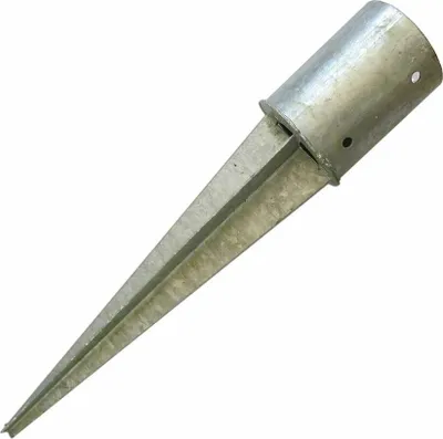 A galvanized metal ground spike for fence posts.