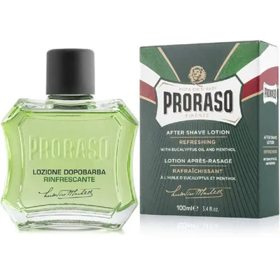 A bottle of Proraso after shave lotion and its packaging are displayed side-by-side against a white background.