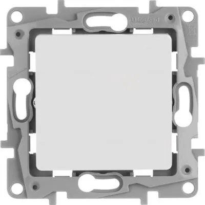 A close-up, front-facing view of a white electrical switch with a gray mounting frame.
