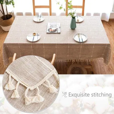 Produktbild von Famanu Tischdecke mit Fransen - Rechteckige Baumwoll-Leinen Tischdecke (140 x 220 cm, Kaffeefarben)