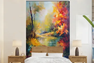 Produktbild von MuchoWow® Fototapete für Wohnzimmer oder Schlafzimmer Wandtapete Vinyl Motivtapete Landschaft - Ölgemälde - Fluss - Farbenfroh - 170x260 cm - Wohnzimmertapete