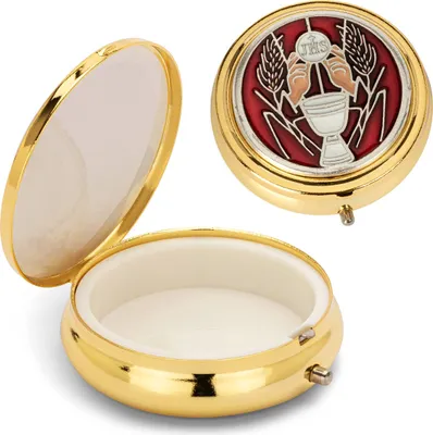 Produktbild von Rosenkranz Metalletui Motiv Kelch Hostiendose Gold Rot Einsatz innen 4cm 2533