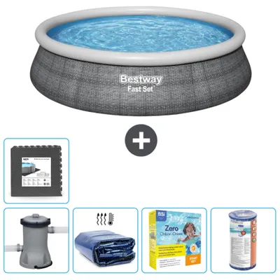 Produktbild von Bestway runder aufblasbarer Fast-Set-Pool – Rattan-Druck – 457 x 84 cm – inklusive Pumpe Sonnensegel - Wartungspaket - Filter - Bodenfliesen