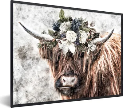 Produktbild von MuchoWow® Gerahmtes Poster Schottischer Hochländer - Rauch - Flora 40x30 cm - Poster mit Schwarzem Bilderrahmen Wandposter Rahmen Foto Bilder - Kunstposter - Wanddekorationen